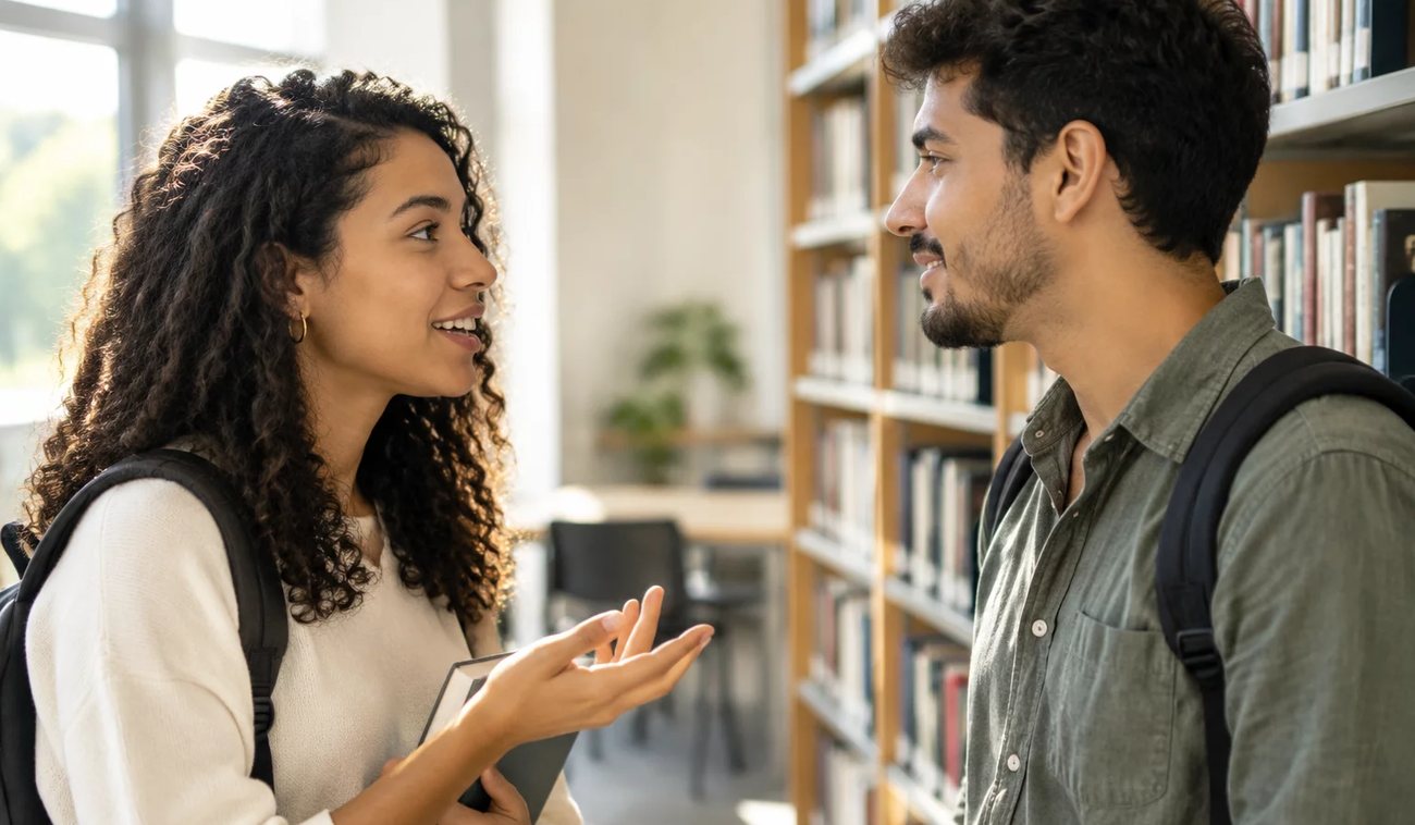 Pessoas conversando de pé junto às estantes antes de o encontro abrir